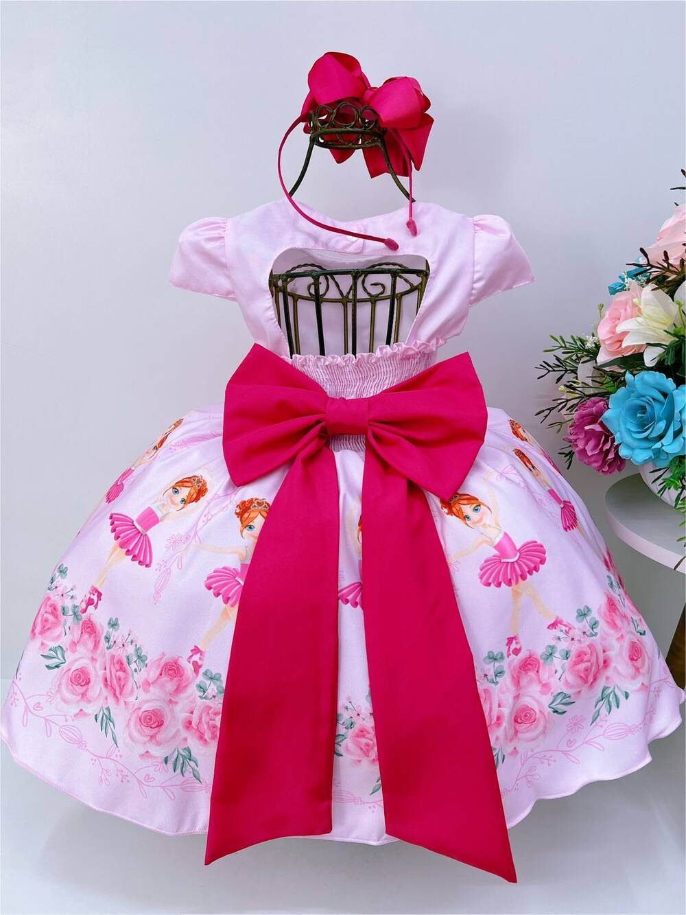 Vestido Infantil Rosa Saia Floral Bailarina