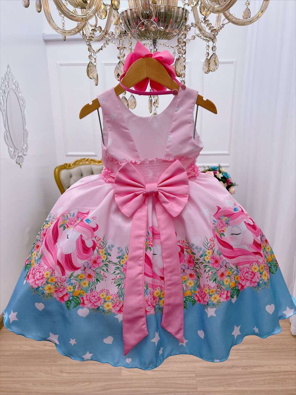 Vestido Infantil Rosa Unicórnio Festas de Aniversário Luxo