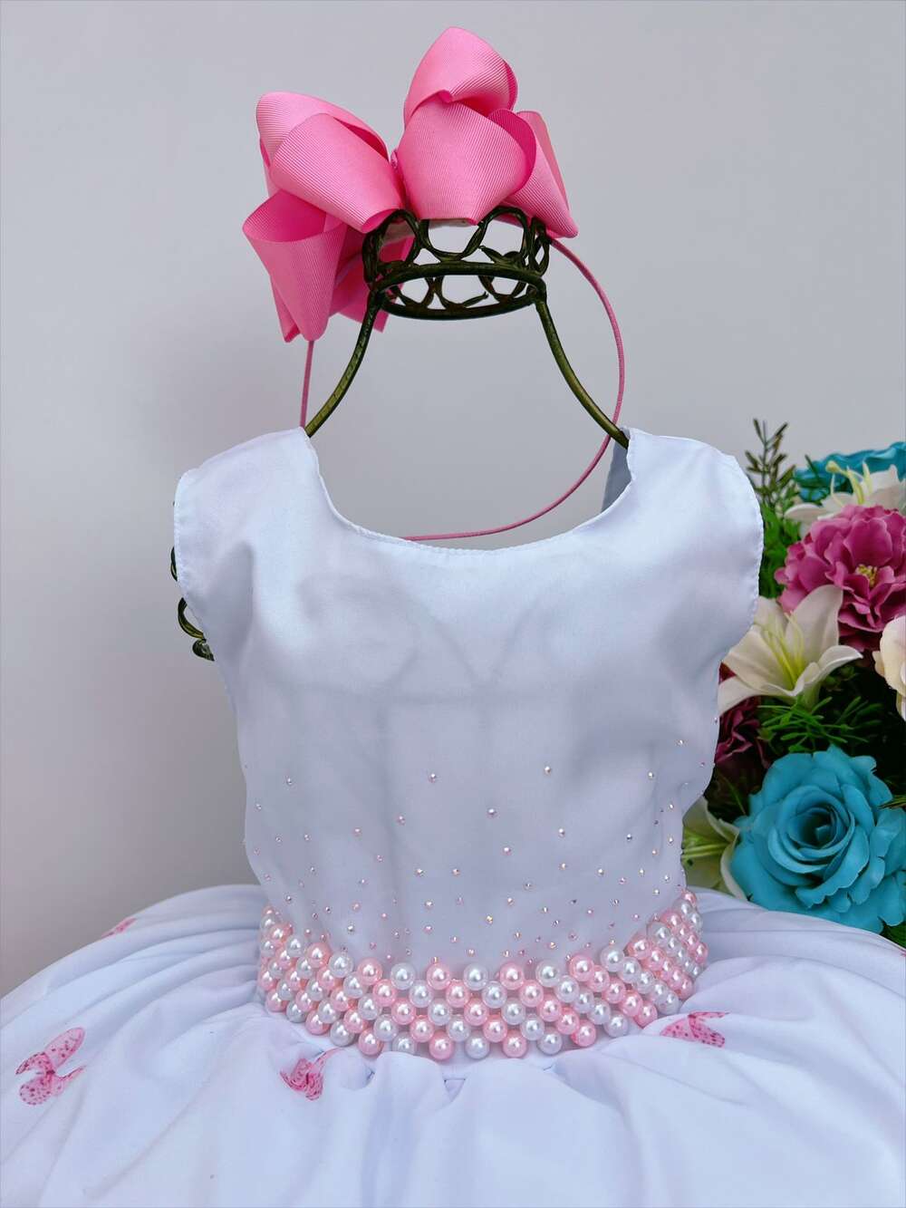 Vestido Infantil Branco Jardim das Borboletas Rosa Luxo