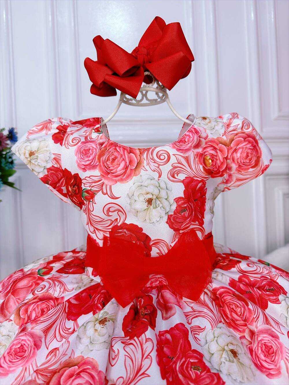 Vestido Infantil Branco Florido Com Cinto Vermelho Luxo