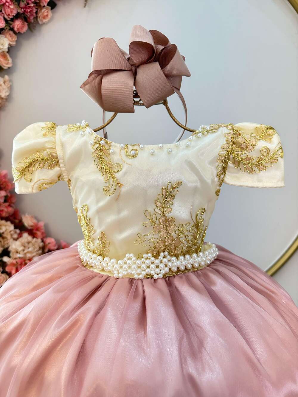 Vestido Infantil Marfim C/ Rose Pérolas Renda Realeza