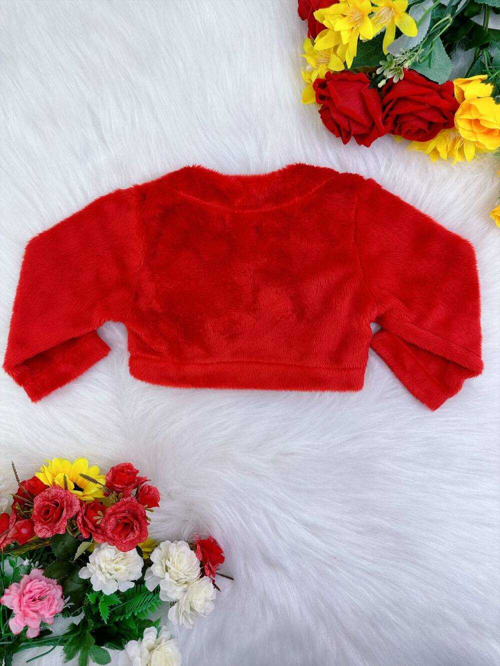 Bolero Infantil de Pelúcia Vermelho Plush Botão Laço Stass