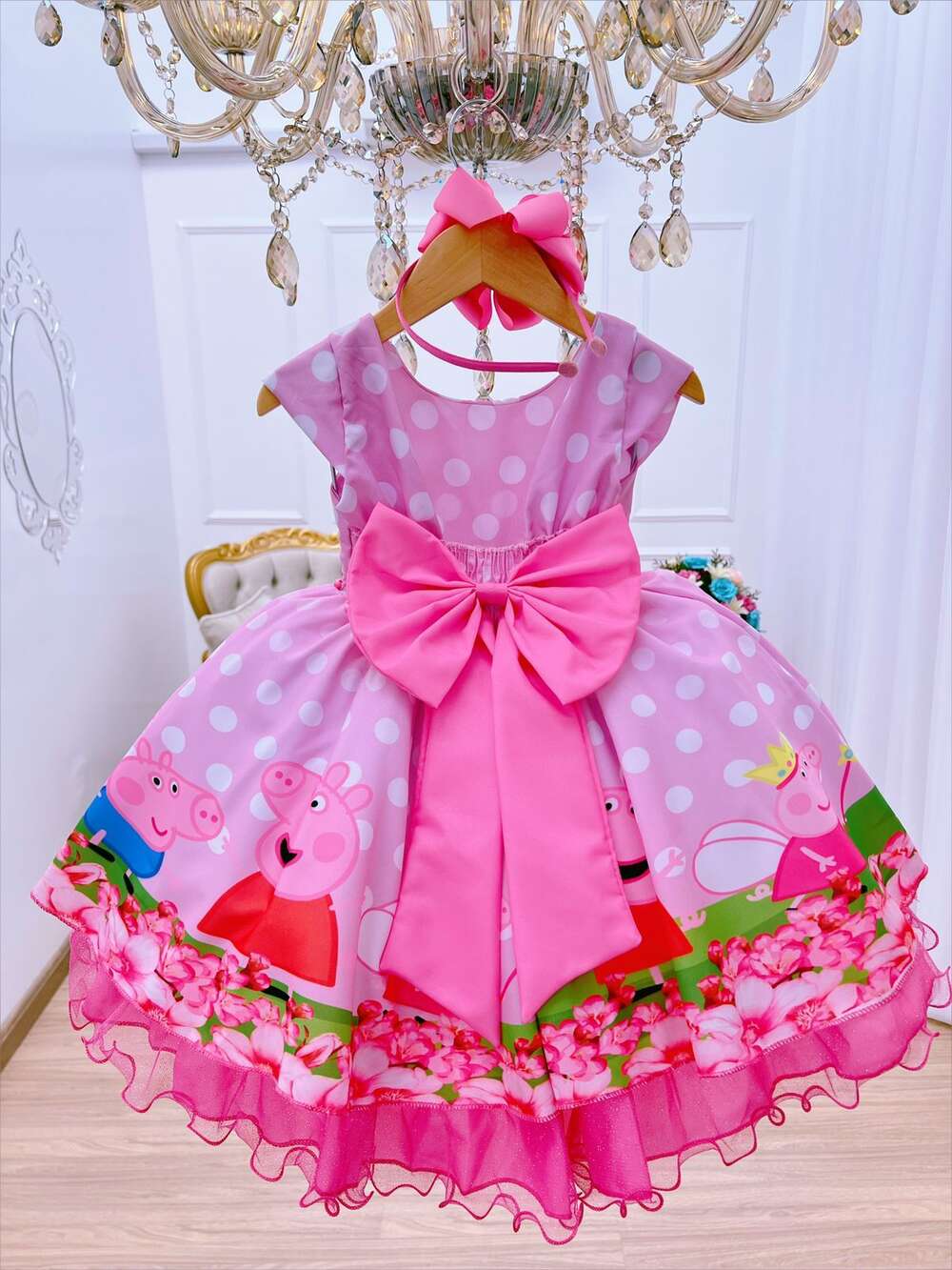 Vestido Infantil Rosa Bolinhas Brancas Peppa