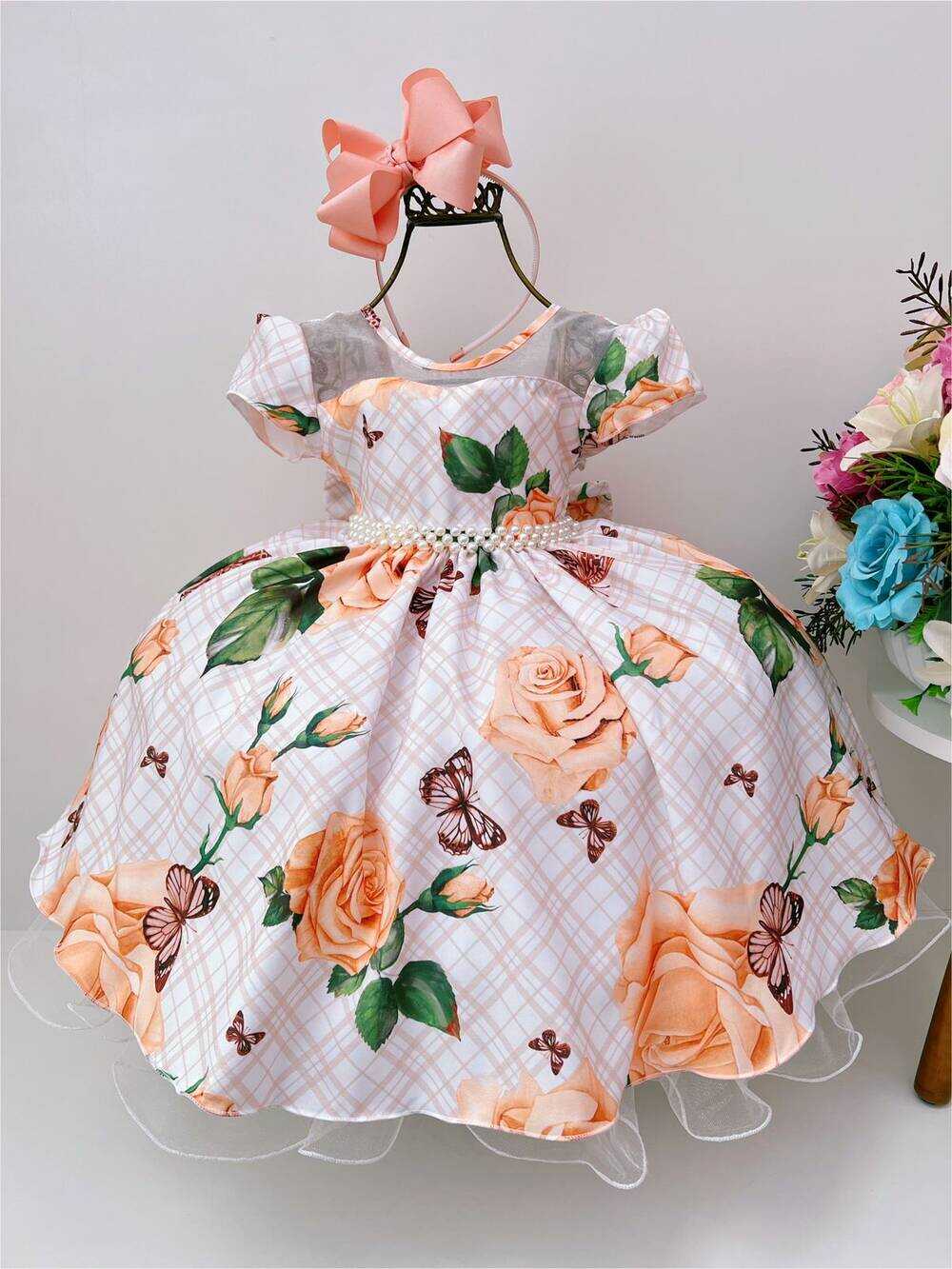 Vestido Infantil Pêssego Floral Cinto Pérolas Luxo Festa