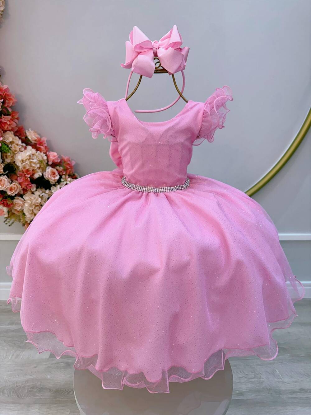 Vestido Infantil Rosa Bebê Luxo C/ Cinto de Strass