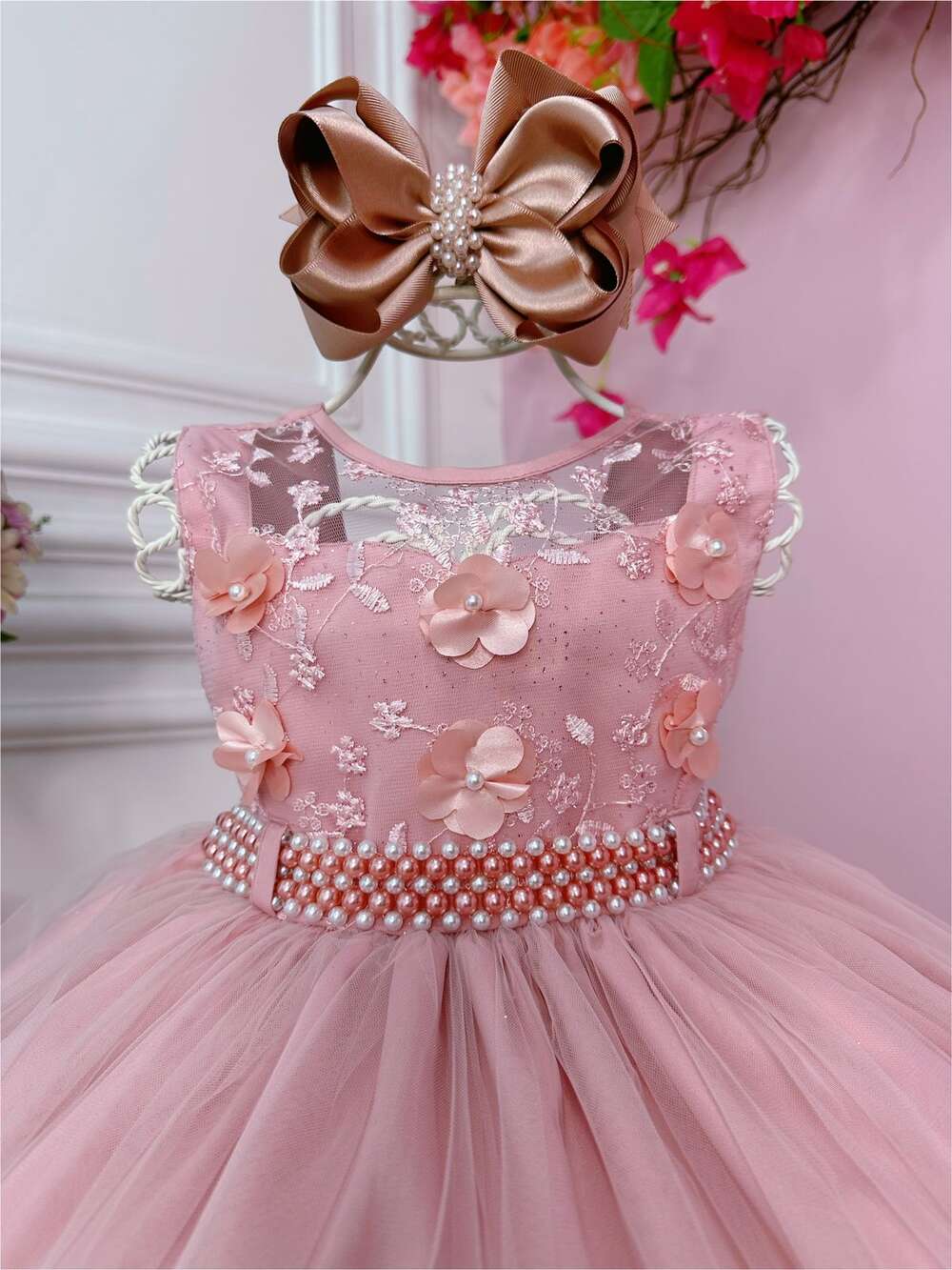 Vestido Infantil Rose C/ Aplique de Flores e Renda Luxo