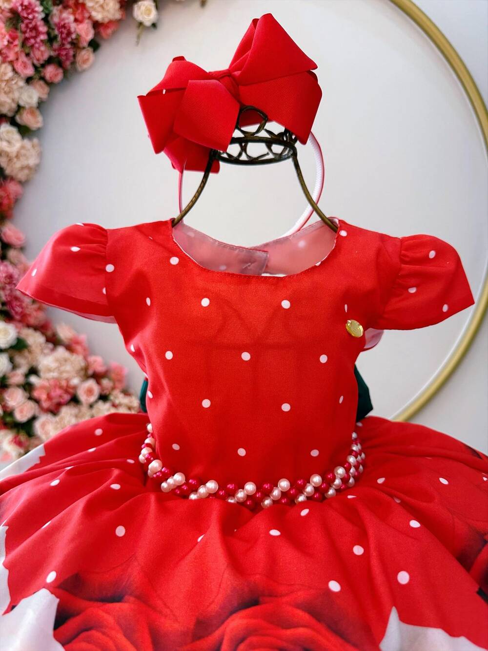 Vestido Infantil Vermelho Florido Com Cinto de Pérolas Natal