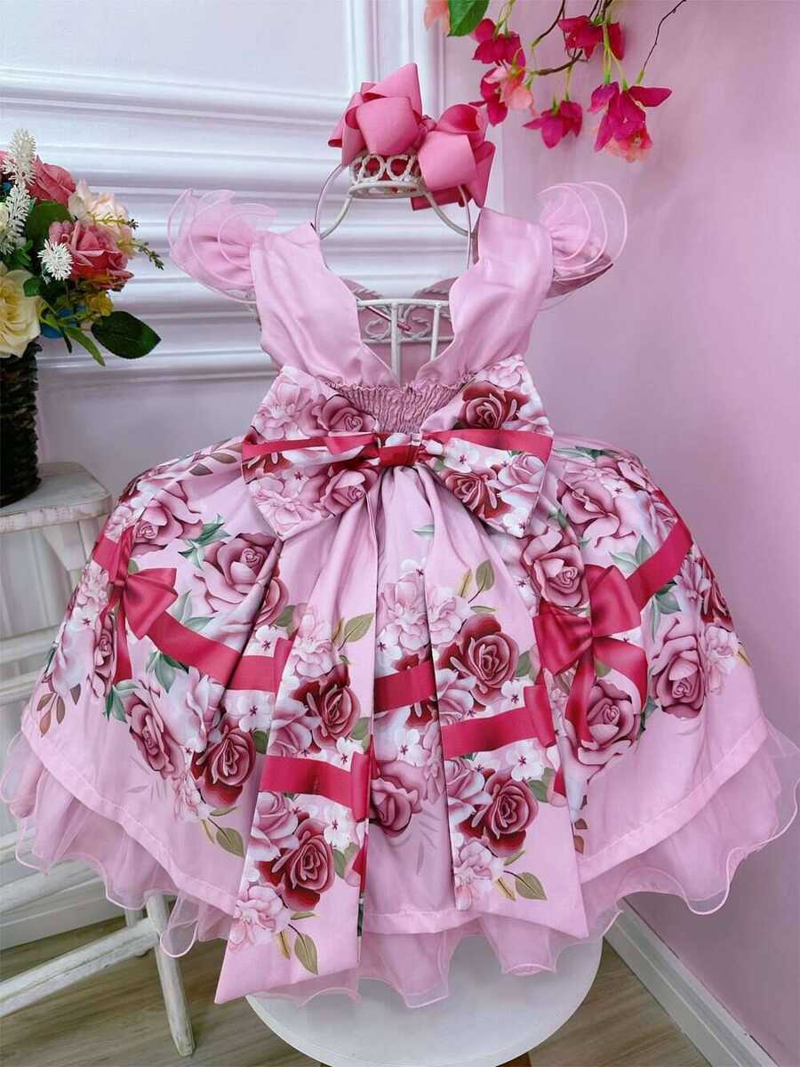 Vestido Infantil Rosa Florido Busto Nervura Cinto de Pérolas