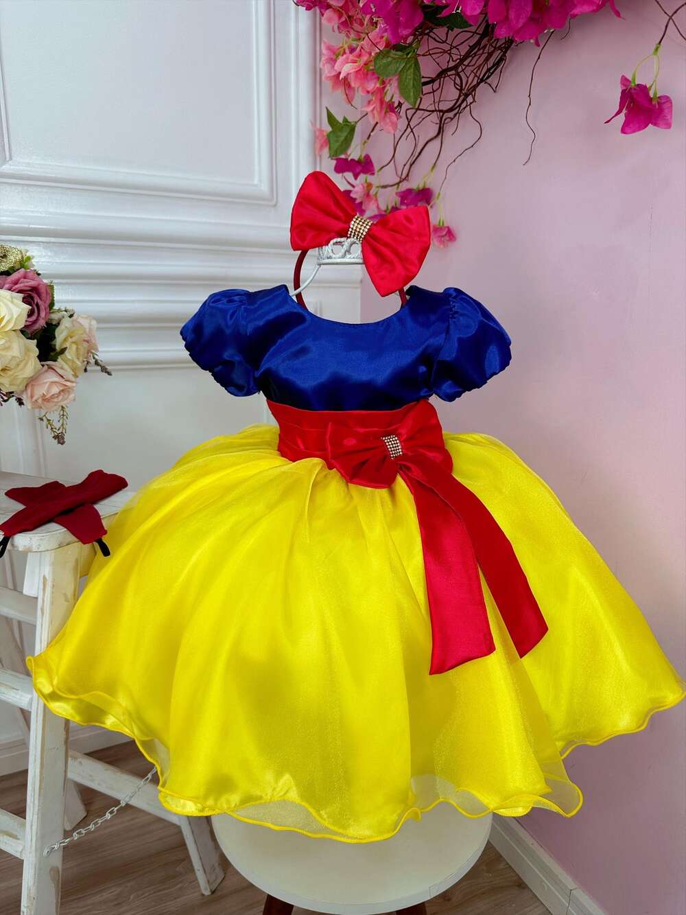 Vestido Fantasia Infantil Branca de Neve Capa e Tiara e Luva