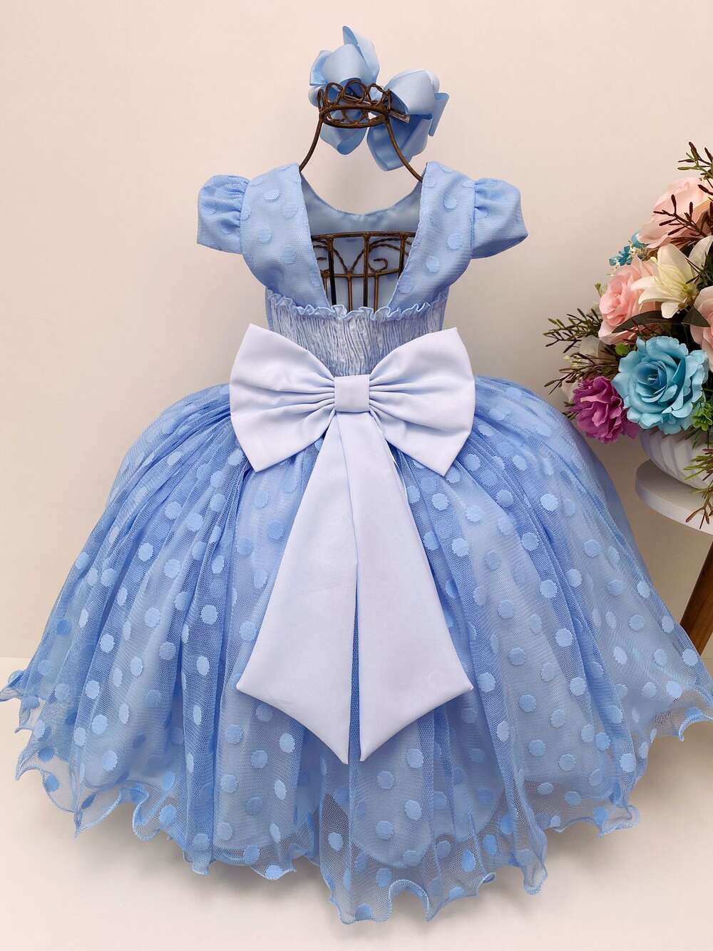 Vestido Infantil Azul Bolinhas Cinto Strass C/ Pérolas Luxo