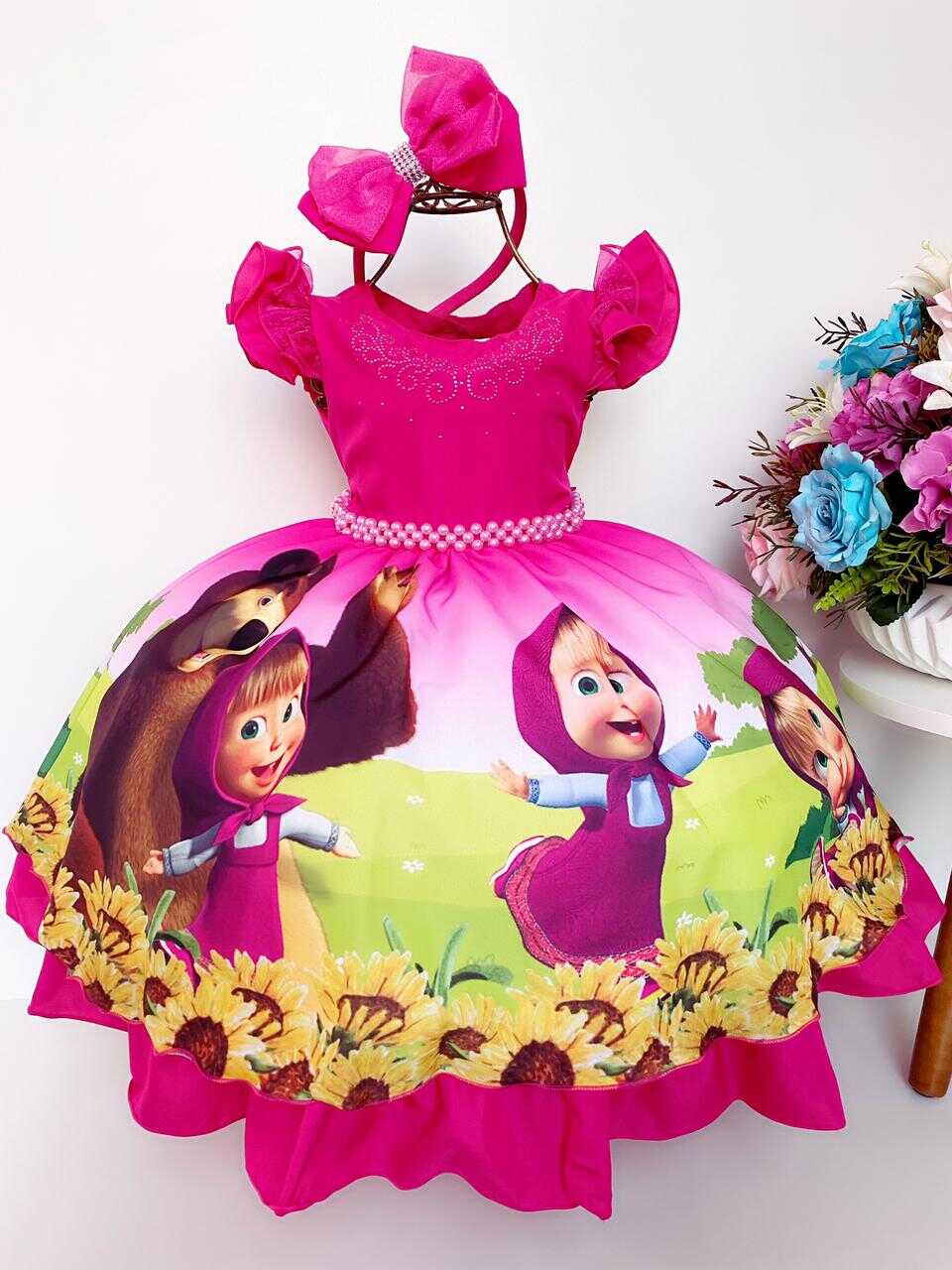 Vestido Infantil Masha e o Urso Luxo Flores com Tiara