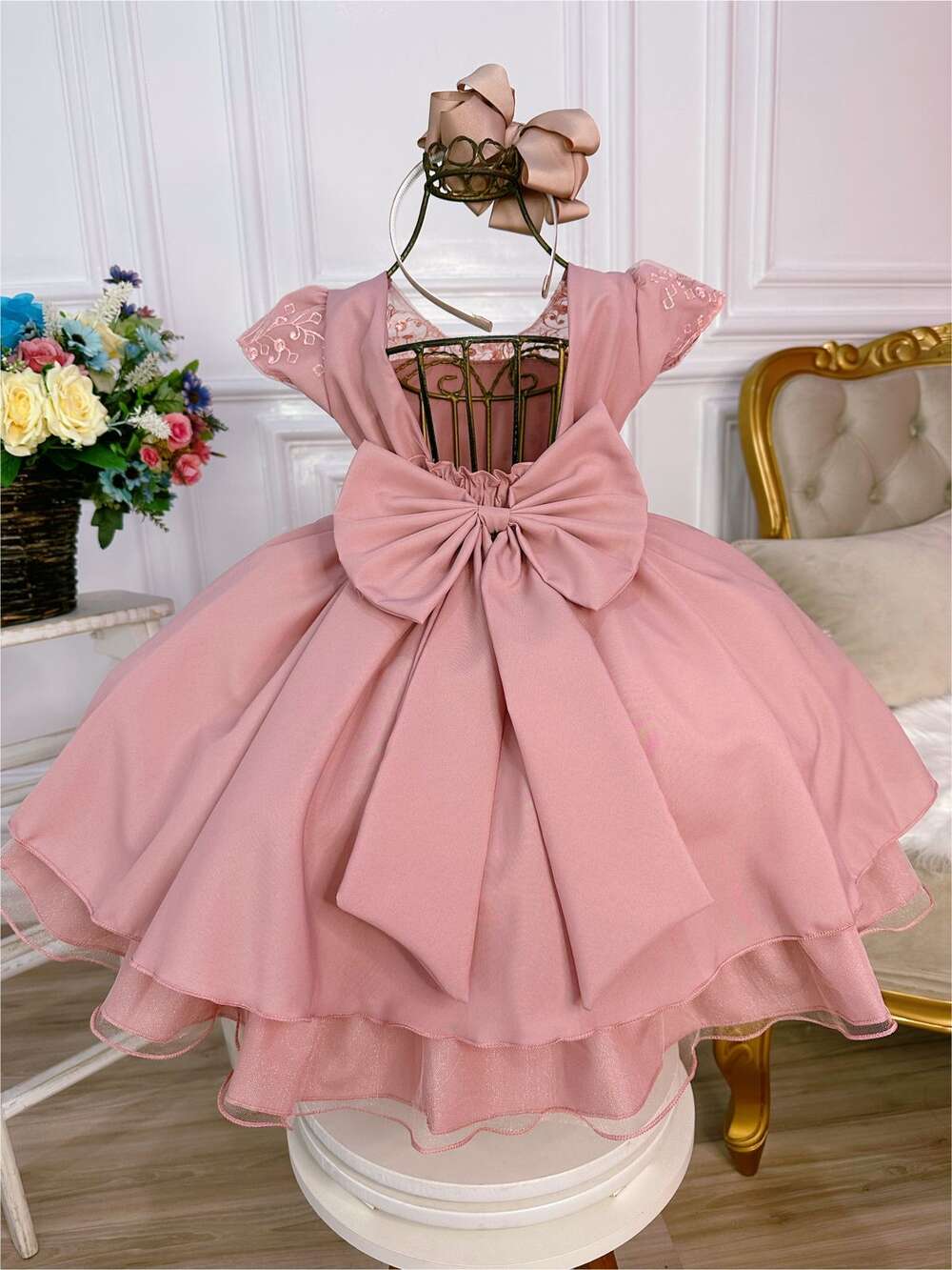 Vestido Infantil Rose e Renda Com Pérolas Luxo