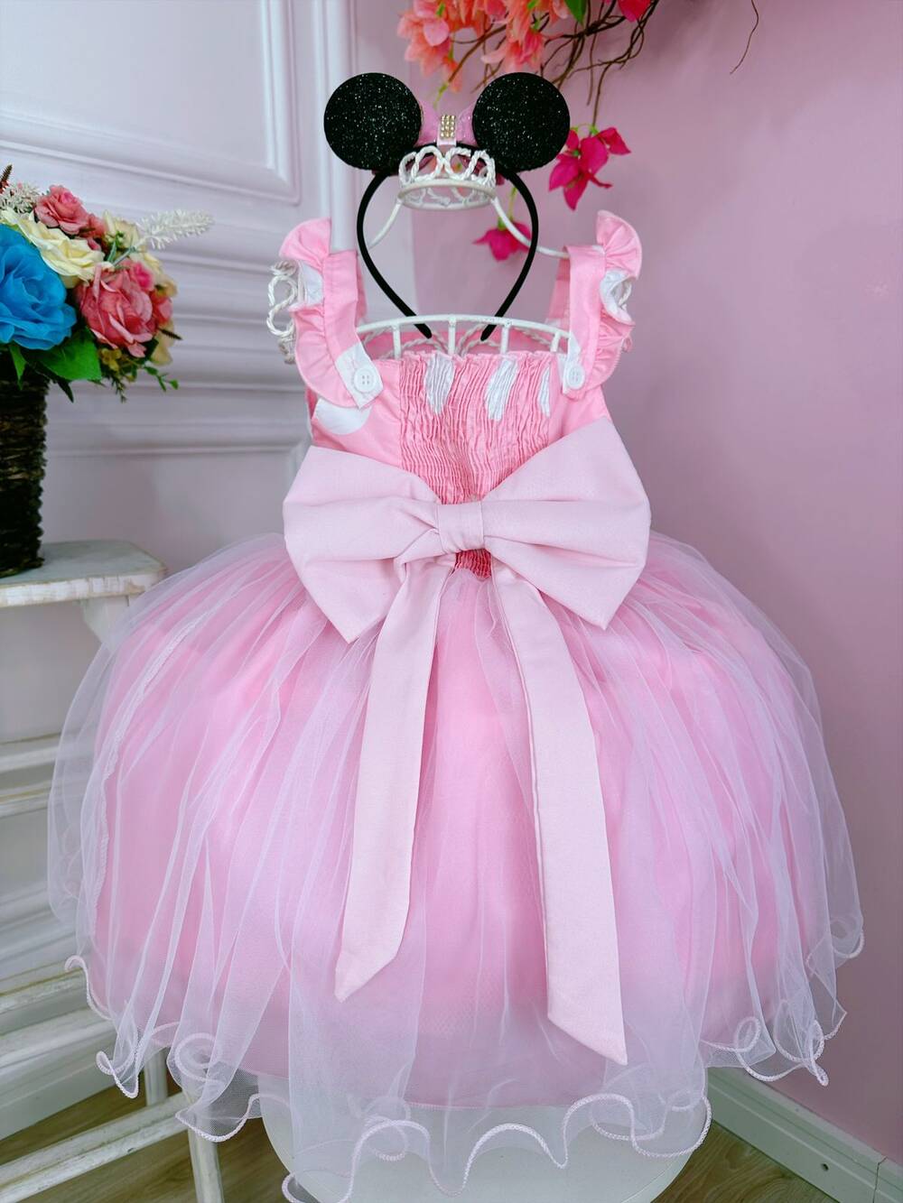 Vestido Infantil Rosa Bolinhas C/ Broche Strass Luxo