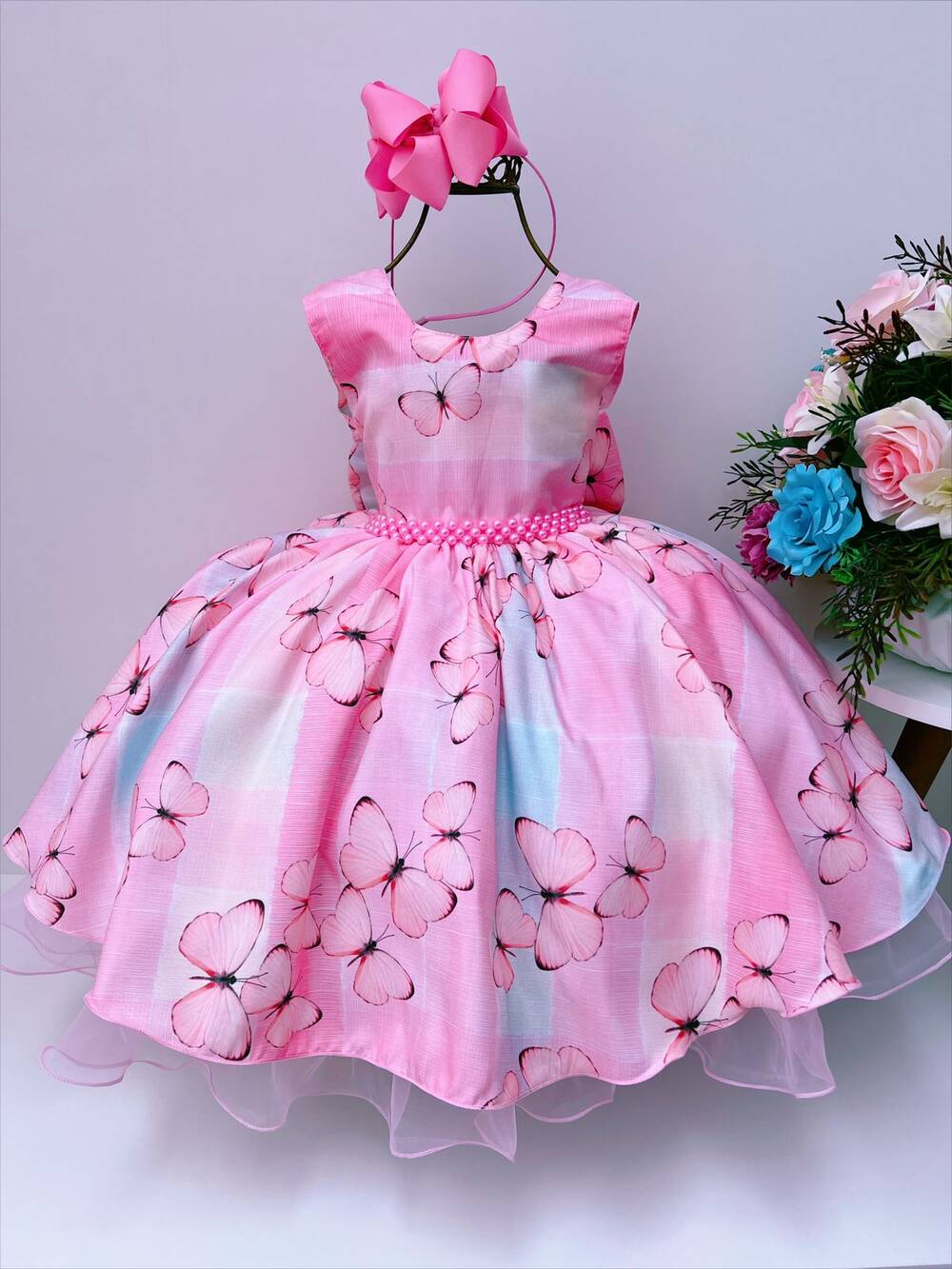 Vestido Infantil Jardim das Borboletas Rosa e Azul sem Manga