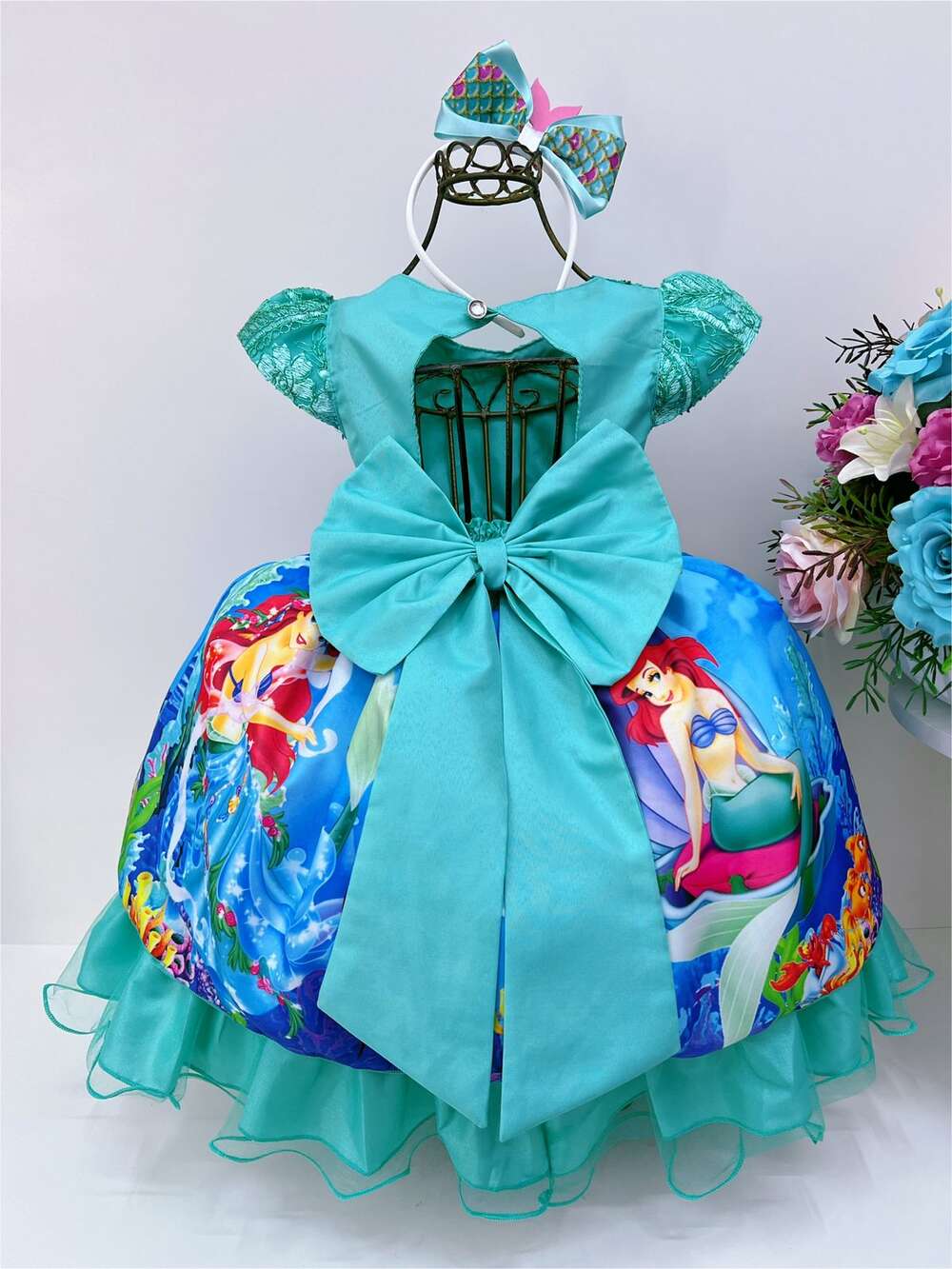 Vestido Infantil Princesa Ariel Verde Renda C/ Cinto Pérolas