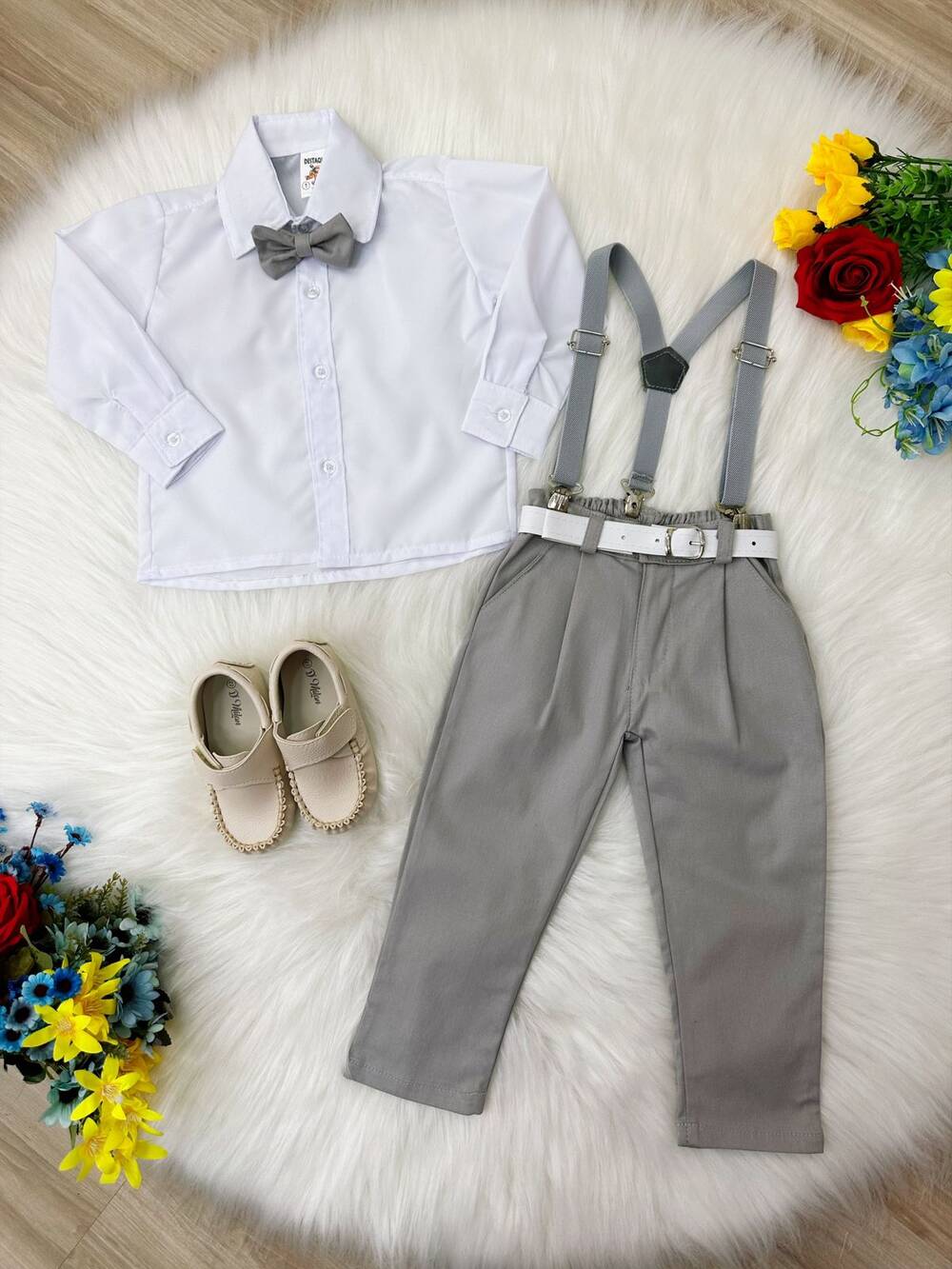 Conjunto Social Camisa Branca Susp. Calça e Gravata Cinza