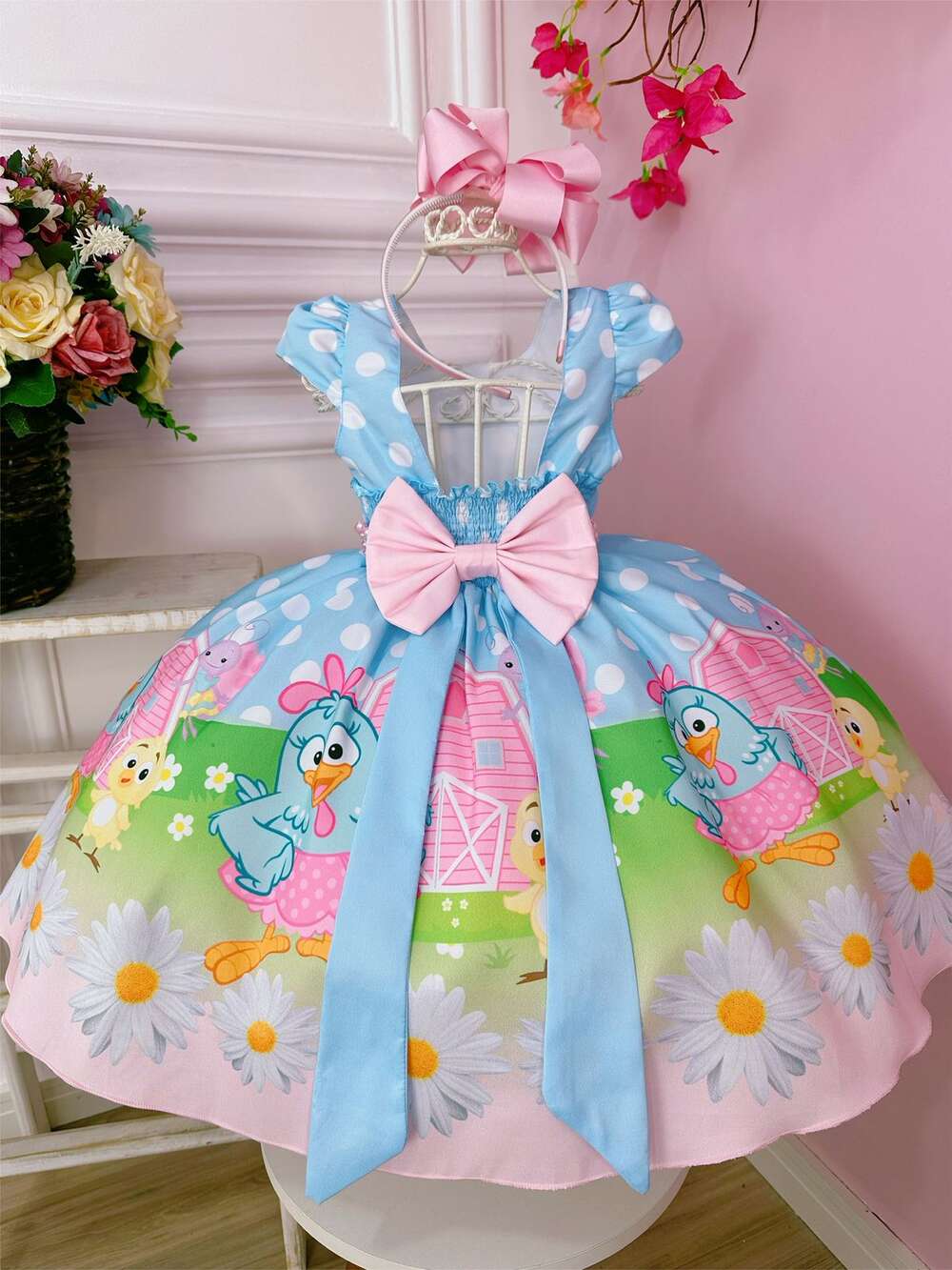 Vestido Infantil Galinha Pintadinha Azul C/ Cinto Pérolas