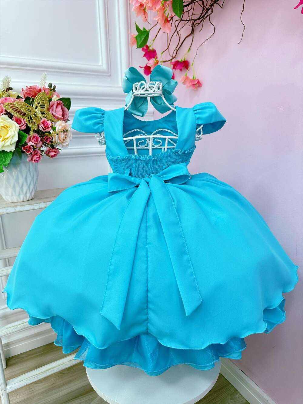 Vestido Infantil Azul Tiffany Cinto de Pérolas Luxo