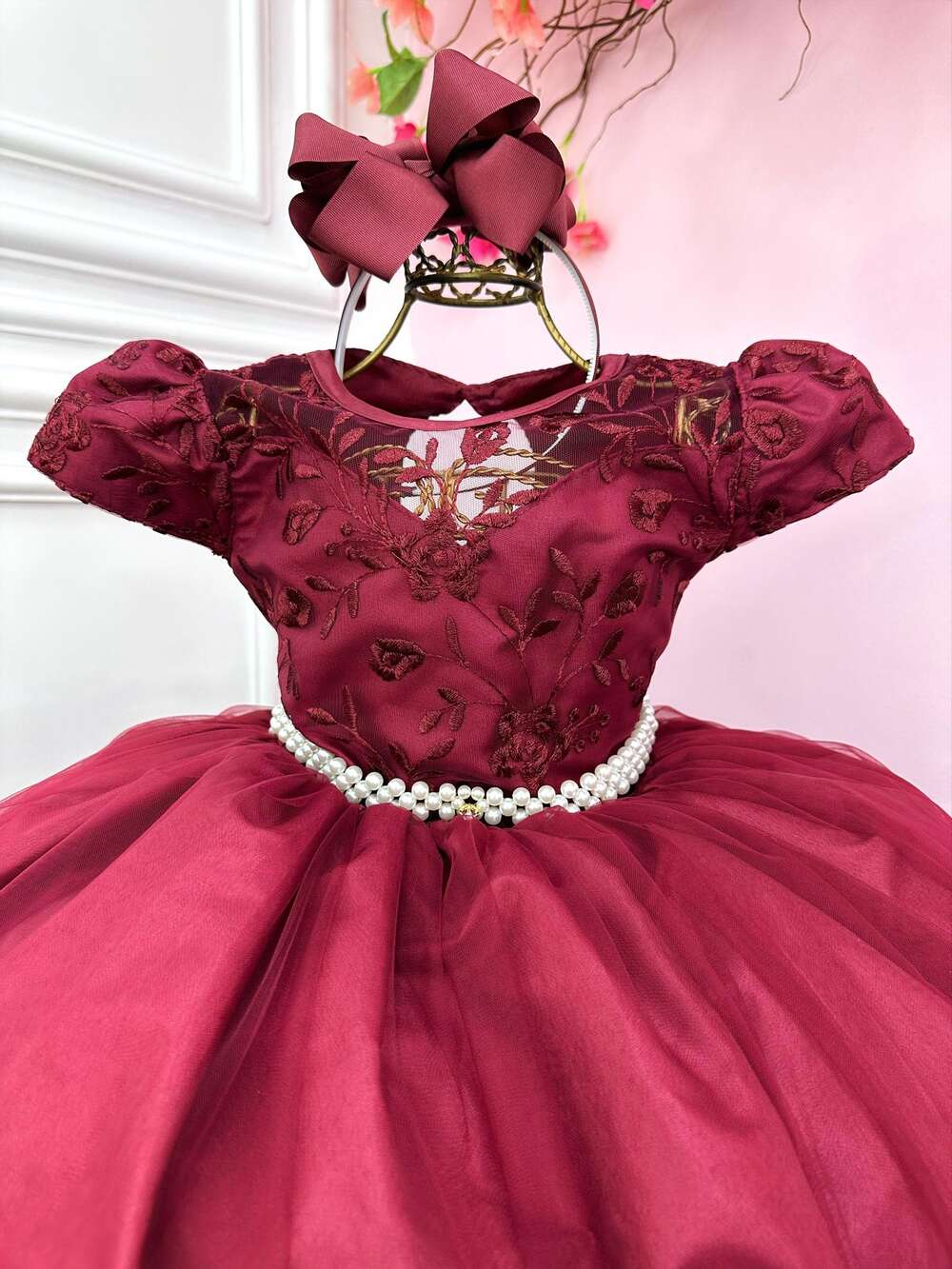 Vestido Infantil Damas Honra Casamento Marsala Renda Pérola