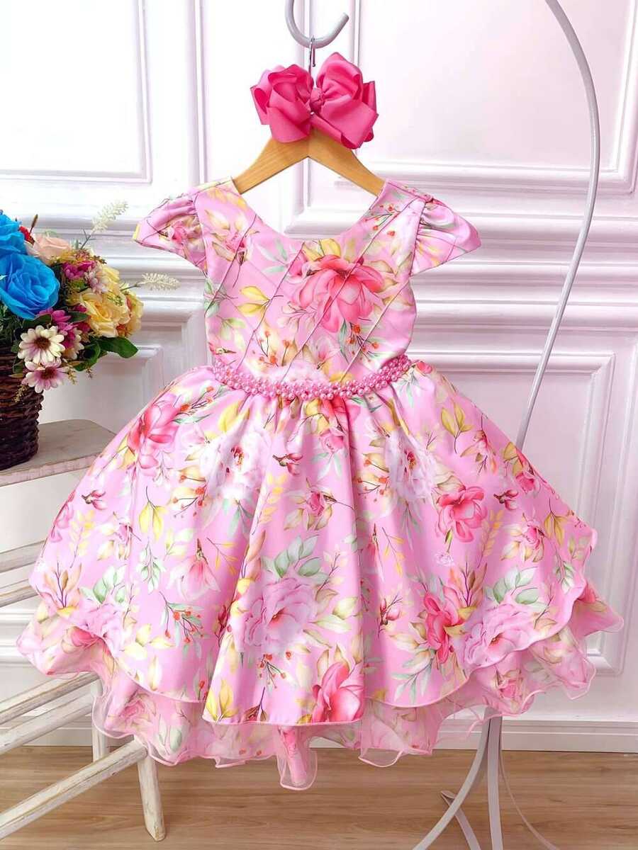 Vestido Infantil Rosa Peito Nervura Florido C/ Cinto Pérolas