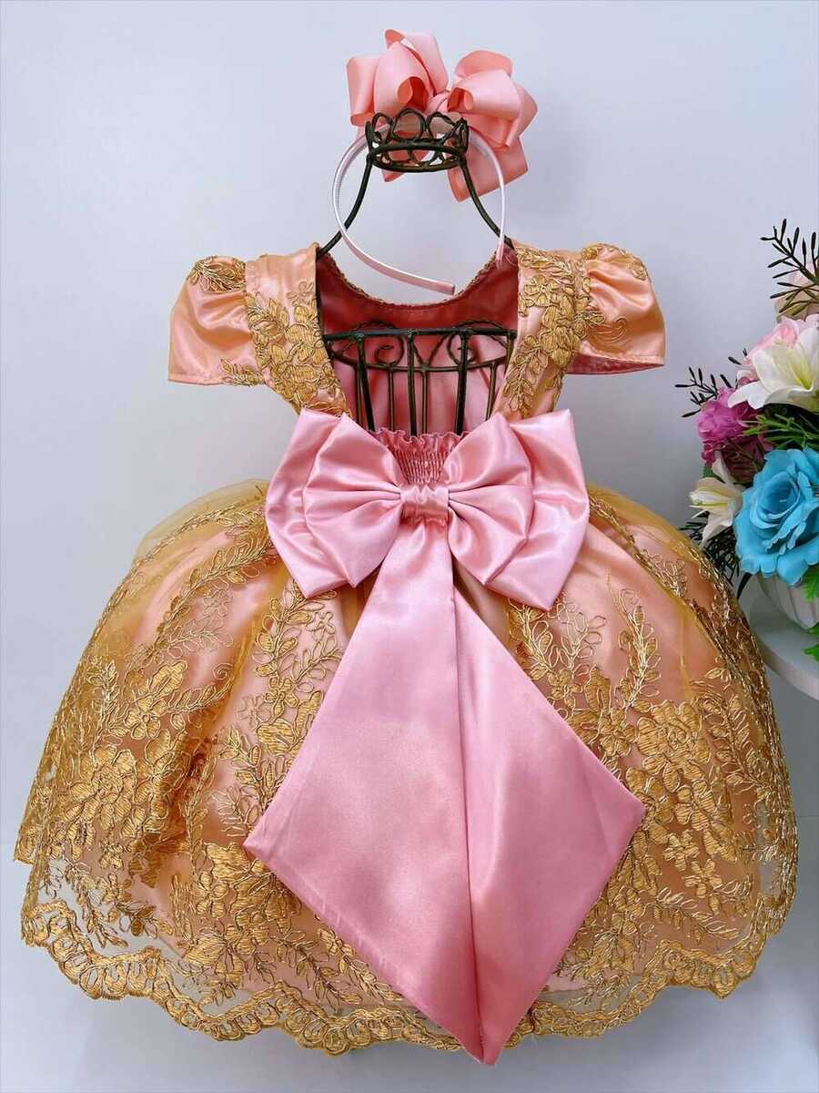 Vestido Infantil Rose Renda e Tule Dourado Realeza Damas