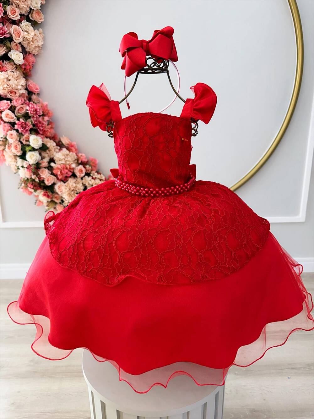 Vestido Infantil Vermelho C/ Renda e Perolas Natal Festa