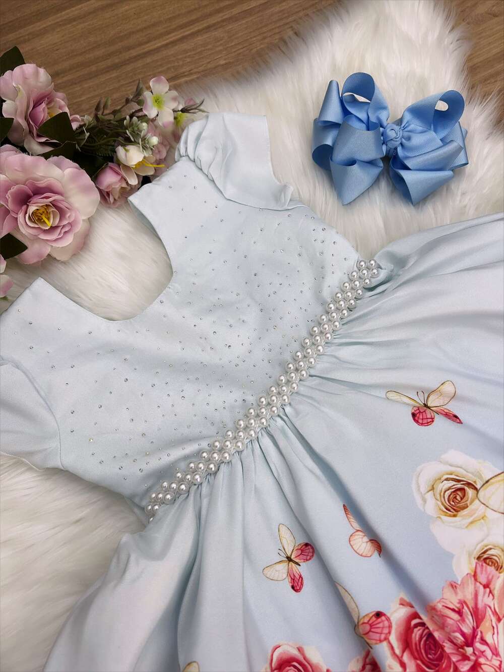 Vestido Infantil Azul Bebê Jardim das Borboletas com Pérolas