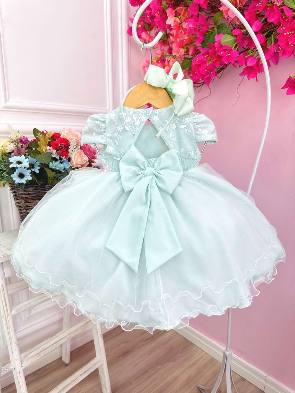 Vestido Infantil Bebê Verde C/ Renda Jardim Encantado Pérolas