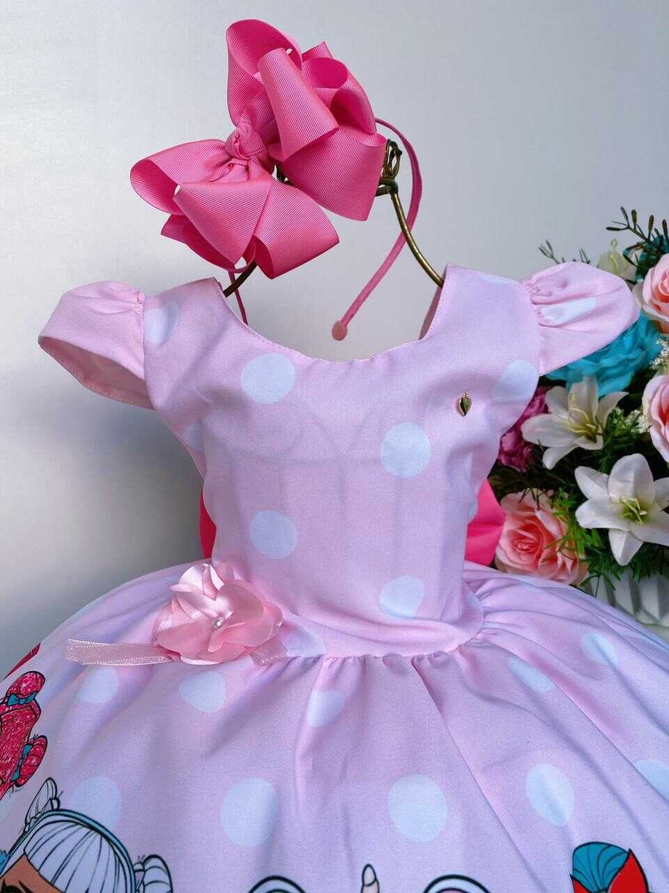 Vestido Infantil Rosa Lol Floral Bolas Brancas Aplique Flor