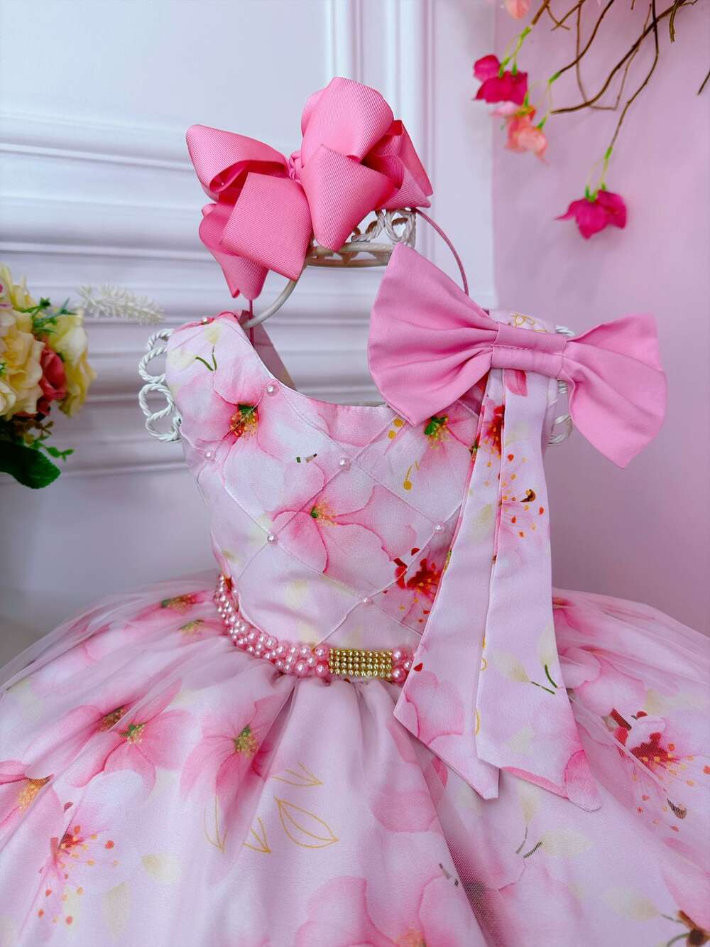 Vestido Infantil Rosa Florido C/ Cinto de Pérolas e Strass