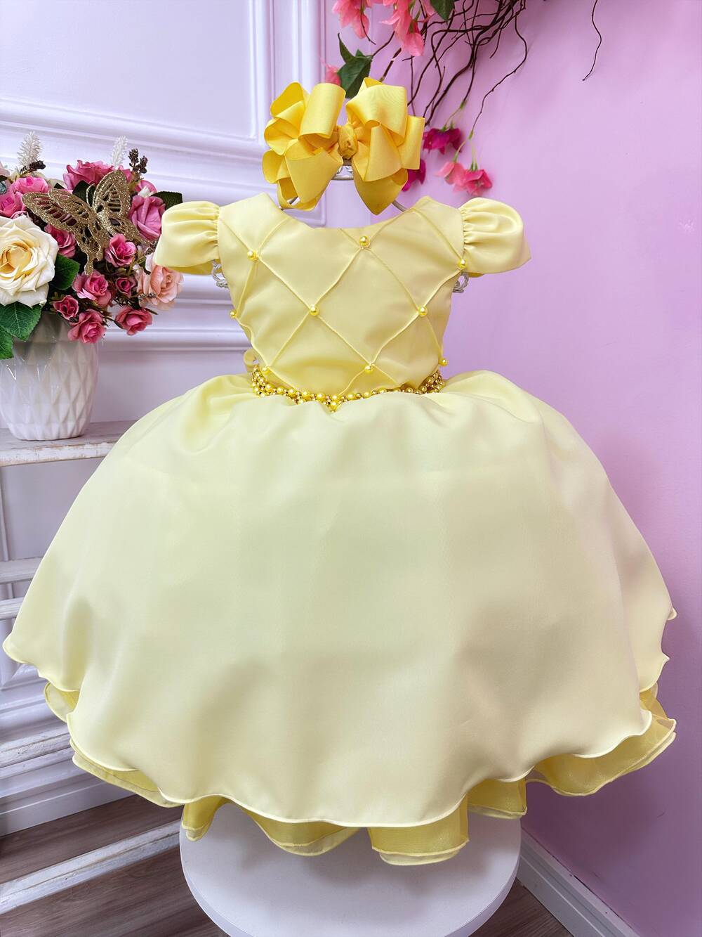 Vestido Infantil Amarelo Cinto de Pérolas Casamento Luxo