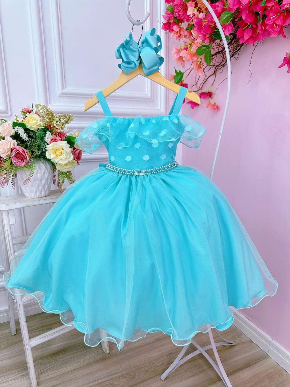 Vestido Infantil Verde Tiffany Bolinhas C/ Pérolas e Strass