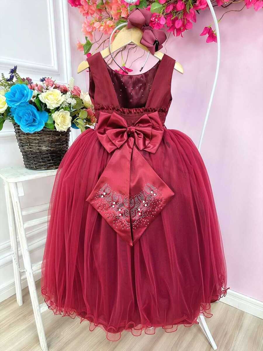 Vestido Infantil Damas de Honra Longo Marsala Strass Pérolas