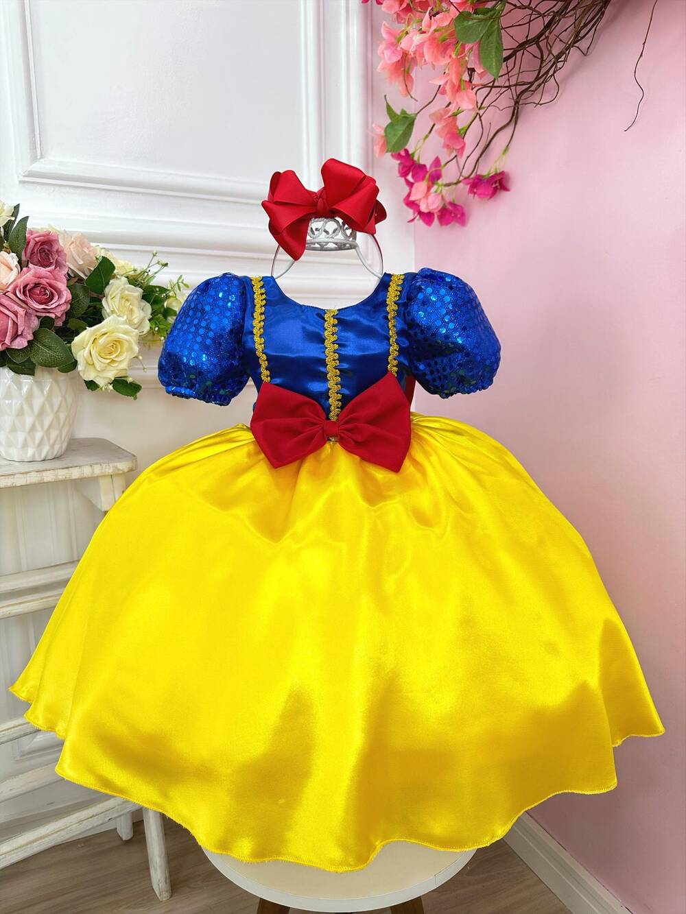 Vestido Infantil Branca de Neve C/ Aplique de Laço Festas