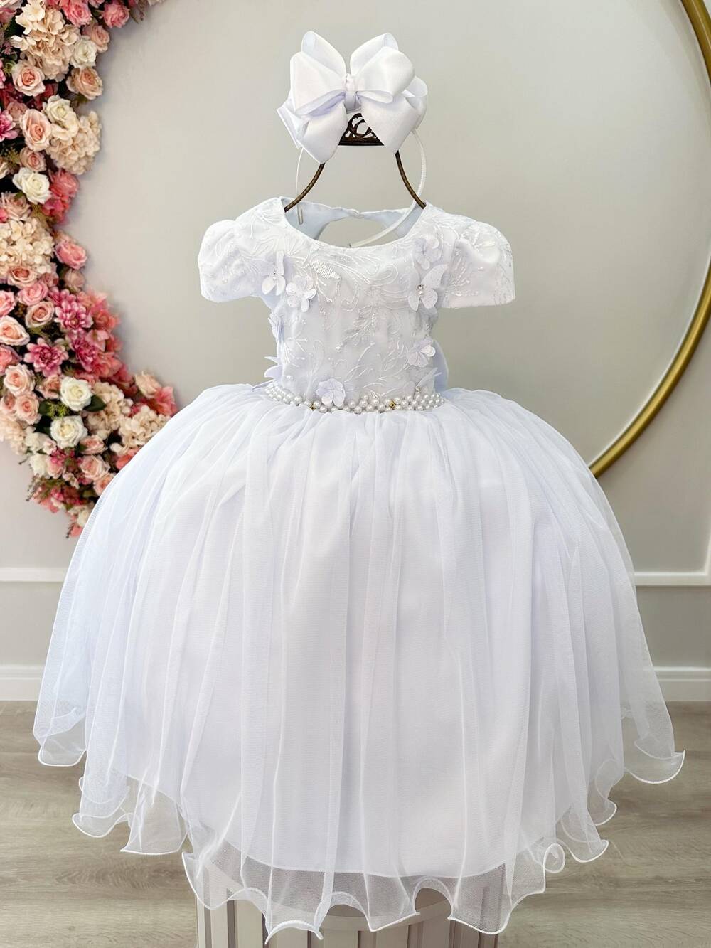 Vestido Infantil Branco Damas C/ Renda e Aplique Borboletas