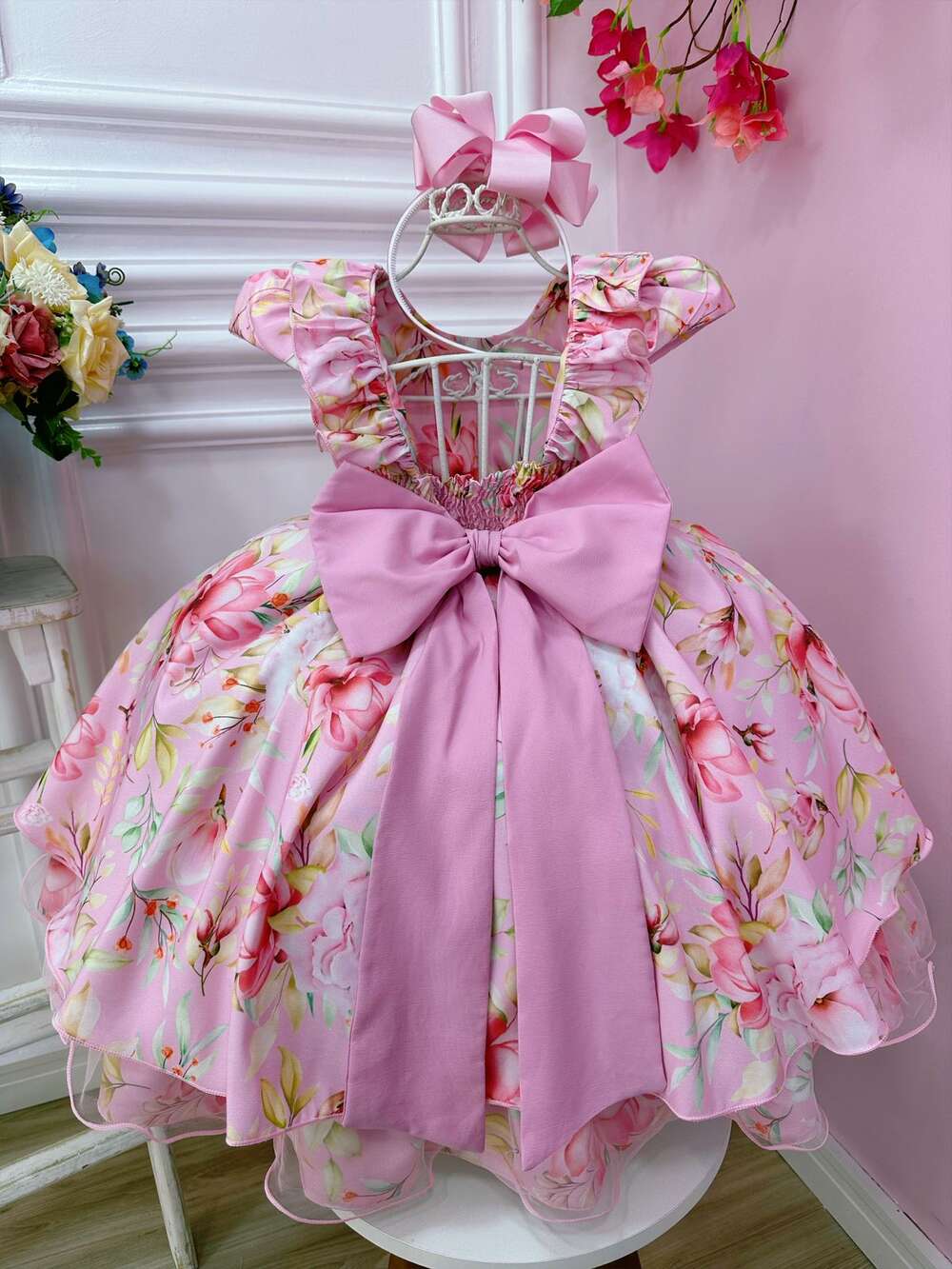 Vestido Infantil Rosa Peito Nervura Florido C/ Cinto Pérolas