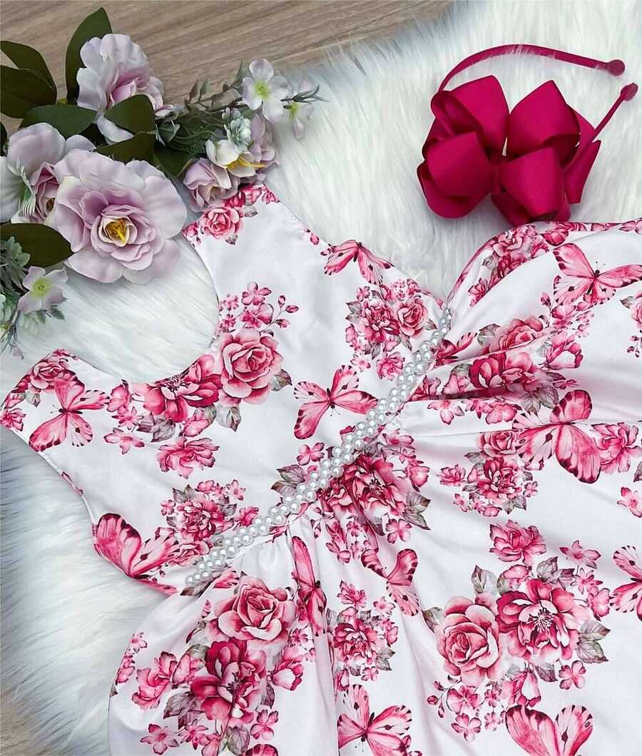 Vestido Infantil Rosa Bebê Jardim das Borboletas com Pérolas