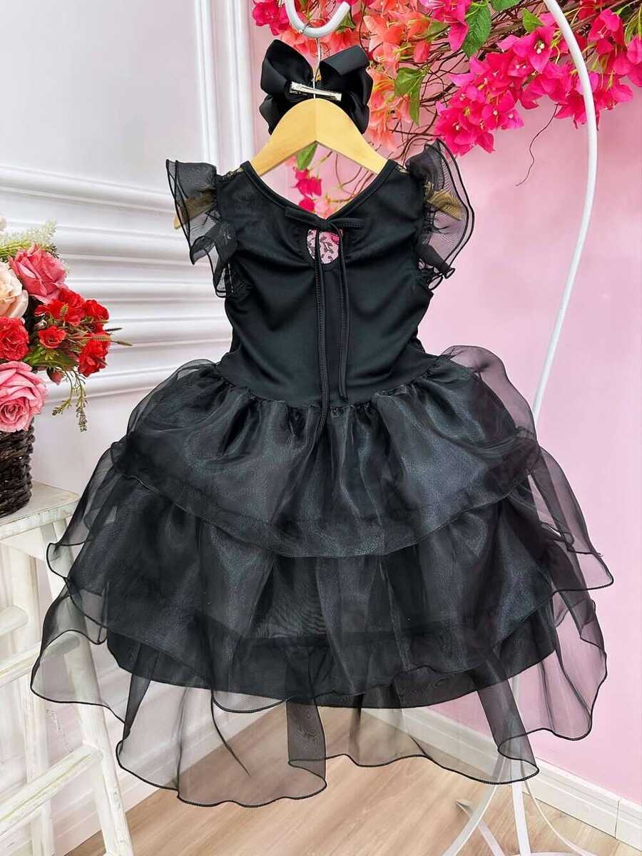 Vestido Infantil Wandinha Preto Com Babados Luxo