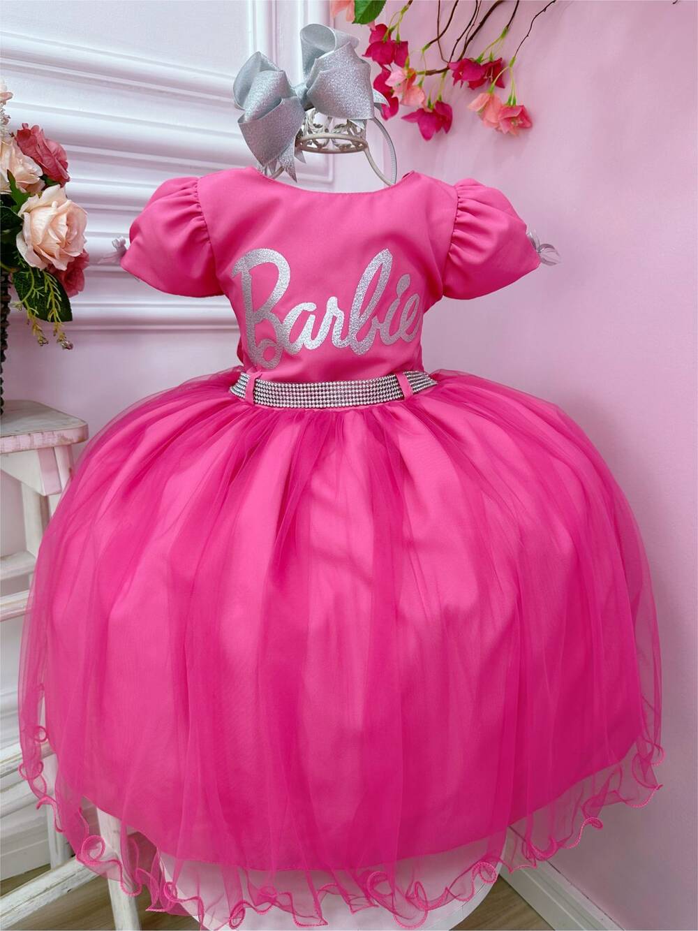 Vestido Infantil Barbie Rosa Chiclete Com Cinto de Strass