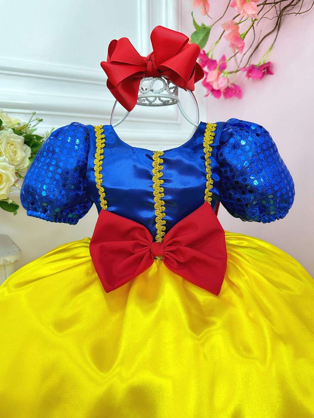 Vestido Infantil Branca de Neve C/ Aplique de Laço Festas