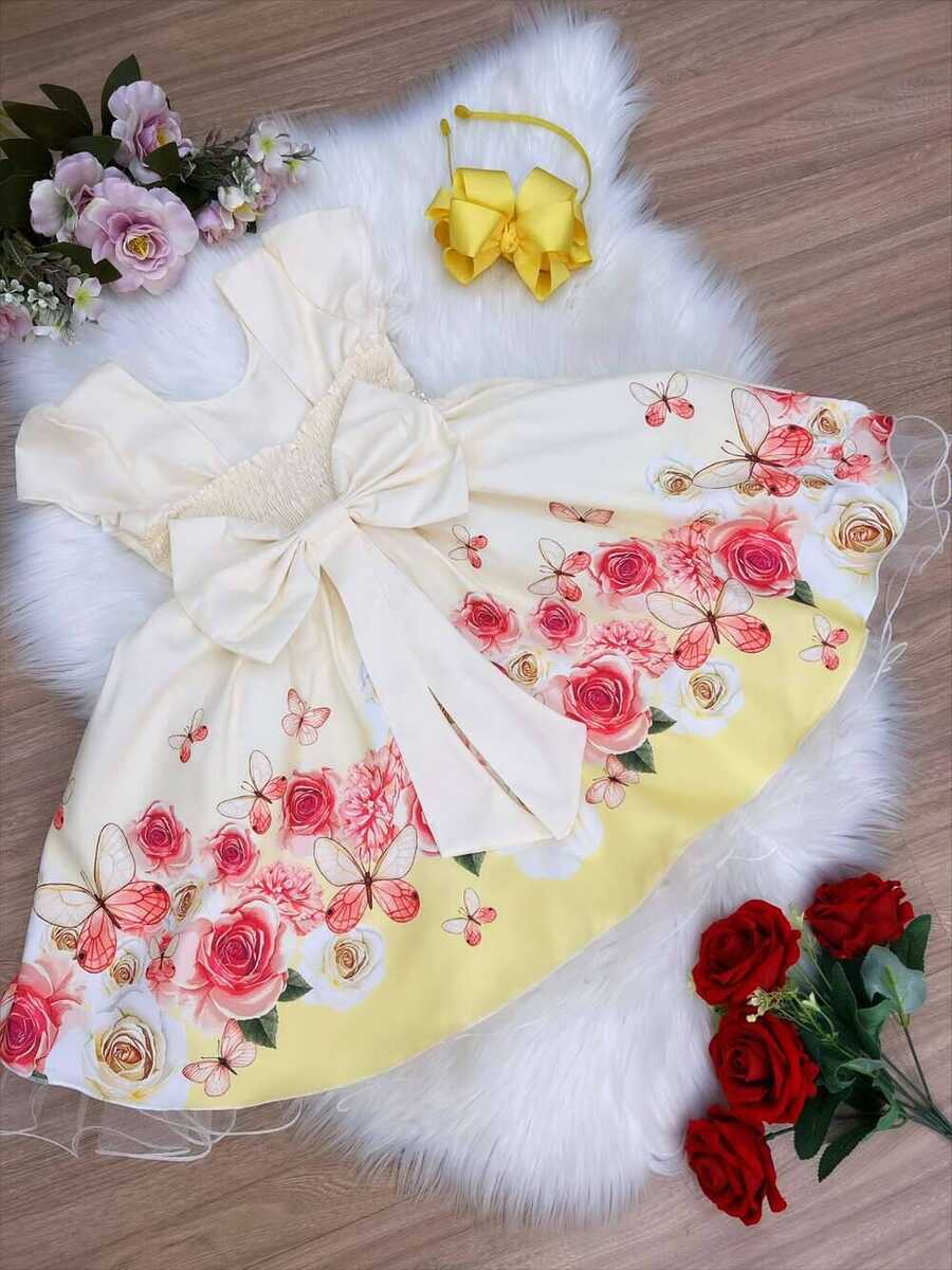 Vestido Infantil Marfim Jardim das Borboletas Pérolas Luxo