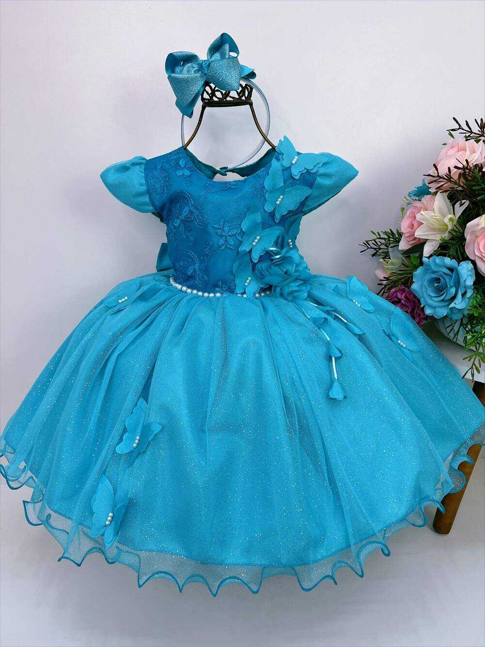 Vestido Infantil Verde Tiffany Renda Aplique Borboletas Flor