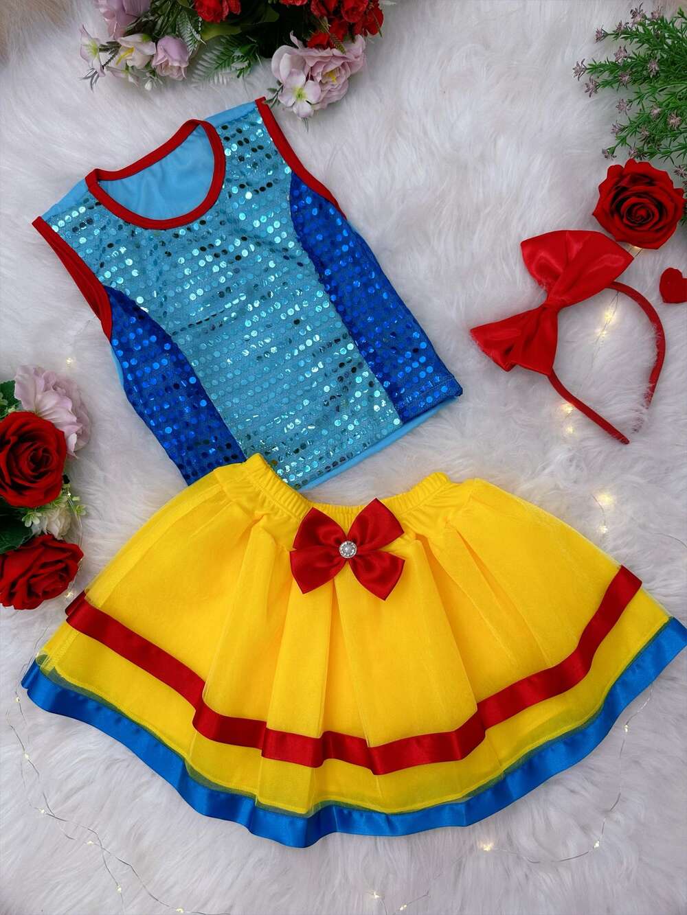 Fantasia Infantil Branca de Neve Blusa Saia Com Tiara