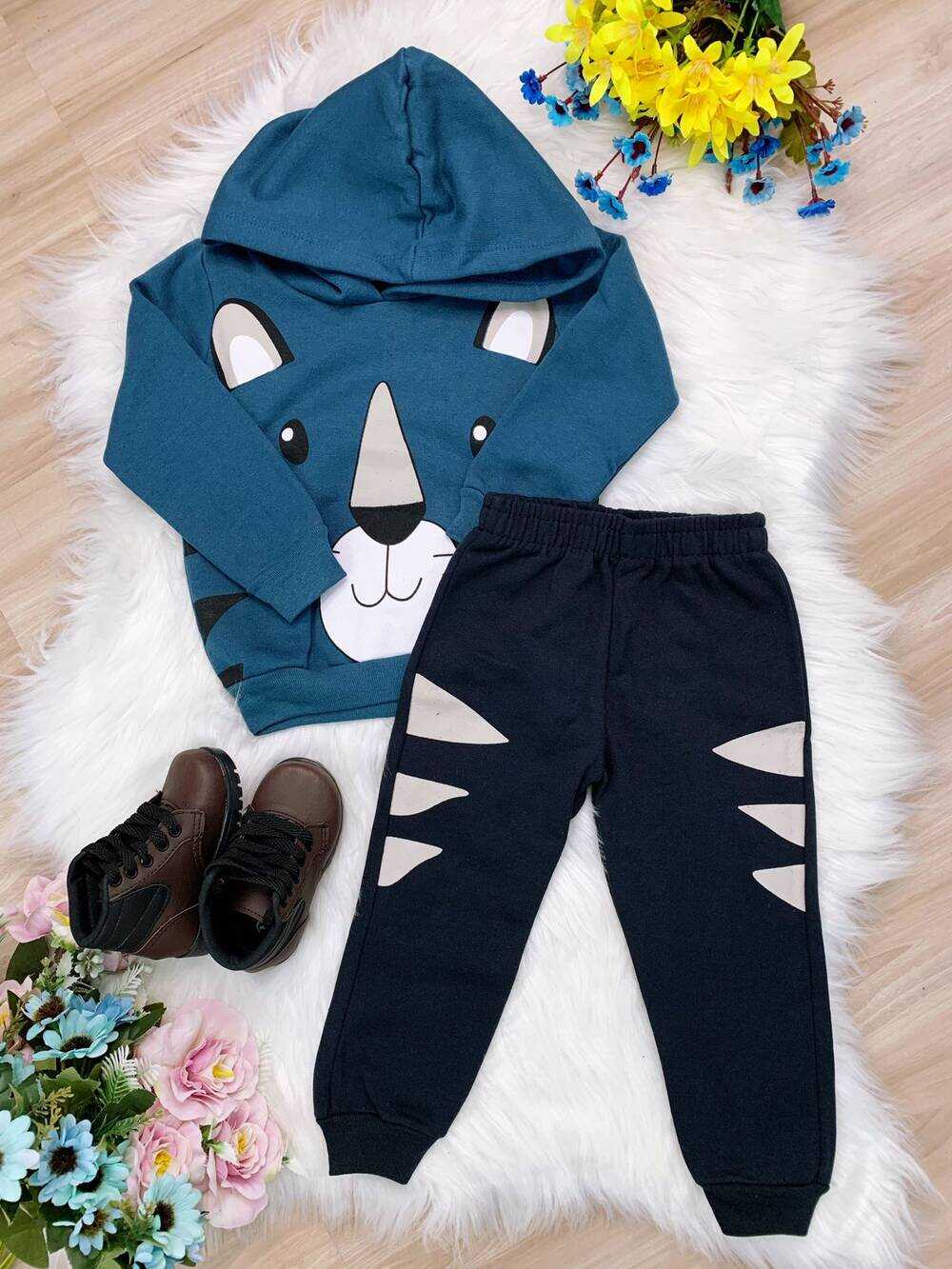 Conjunto Moleton Com Capuz Felino Azul Petróleo e Preto