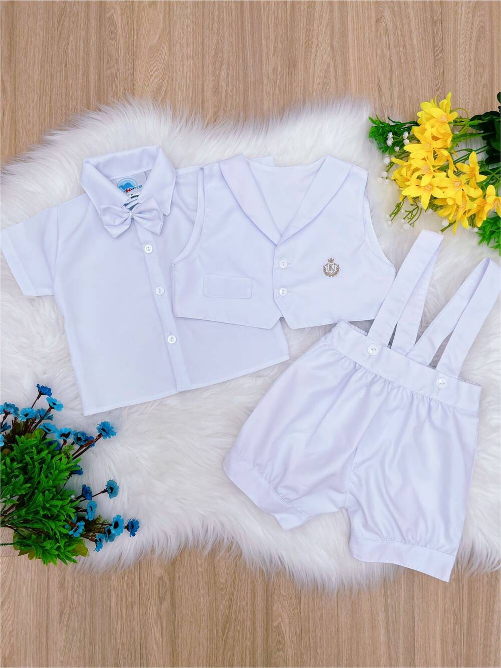 Conjunto Social Short Camisa Gravata Branco Com Suspensório