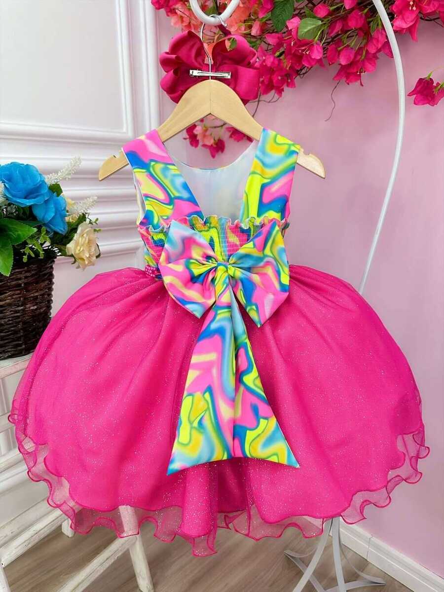 Vestido Infantil Barbie Colorido Neon Saia Pink e Glitter