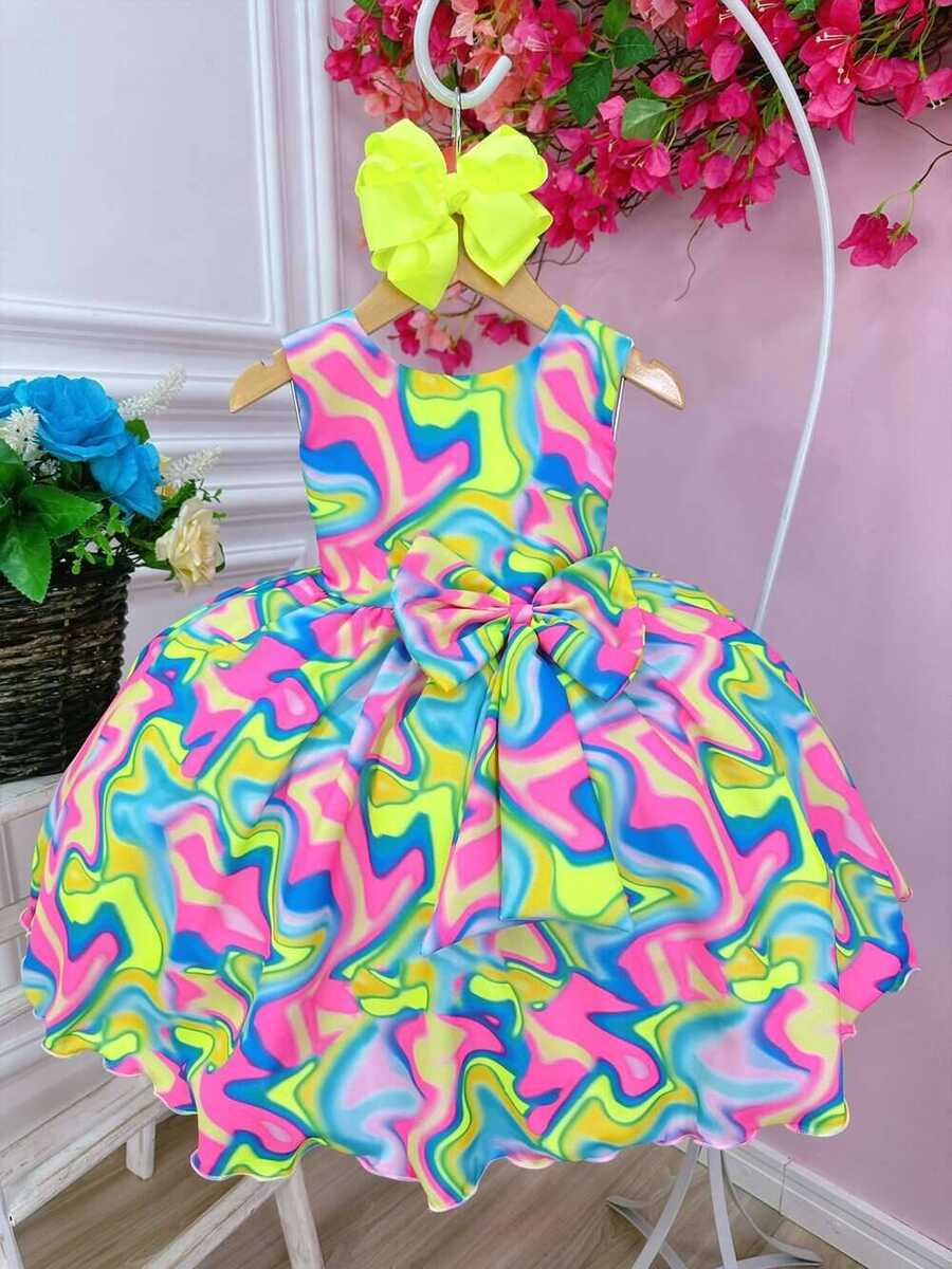 Vestido Infantil Barbie Colorido Neon C/ Broche de Laço