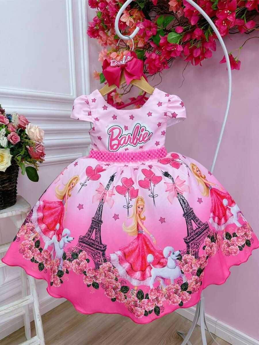 Vestido Infantil Barbie em Paris Rosa e Pink Cinto Pérolas