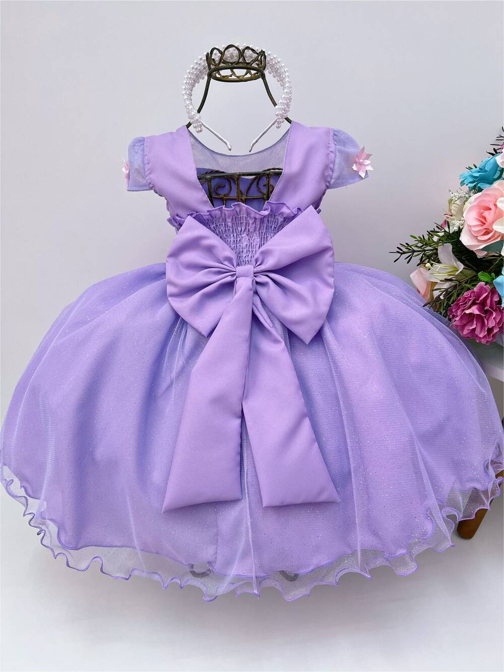 Vestido Infantil Lilás C/ Aplique Borboletas Flores Pérolas