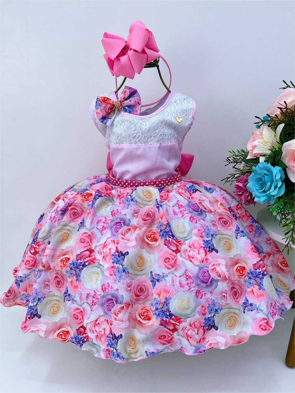 Vestido Infantil Rosa Florido C/ Laço e Cinto Pérolas Luxo